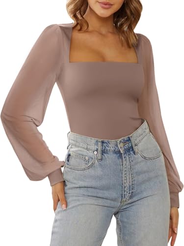 Image of PINKMSTYLE Women's Square Neck Double Lined Mesh Long Sleeve Bodysuits | Sheer Puff Sleeve Body Suit,Slim fit Trendy Going Out Tops,Concert Outfit