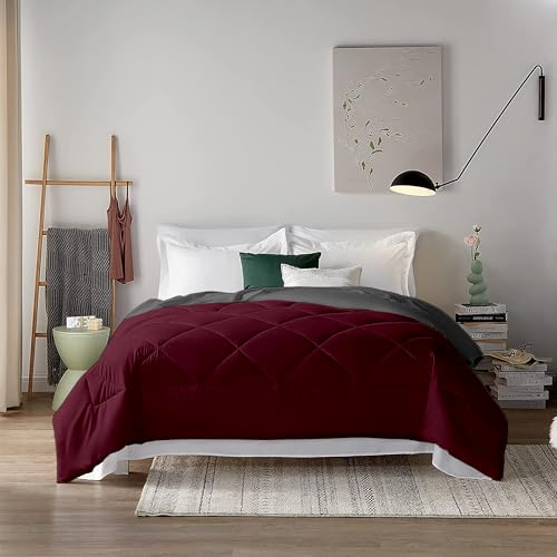 Image of Filbert 600 GSM Comforter for Double Bed | Super Warm Winter Quilt /Rajai | Thick Microfiber Blanket with Cloud-Soft Fill | Luxury Bedding for Winters - 90x100 Inch | Wine /Dark Grey