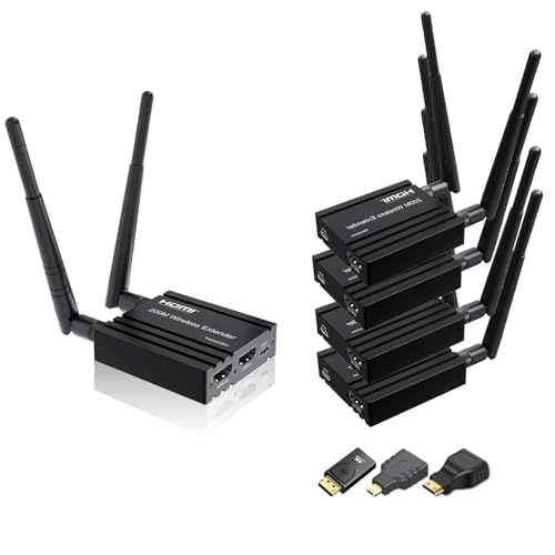 RIJER Wireless HDMI transmitter and Receiver 4k decoding, One Transmitter and four Receivers, Long Range Wireless Transmission 656FT/200M,Plug-Play, 2.4/5.8G for PC/Laptop/TV to Monitor/Projector/HDTV
