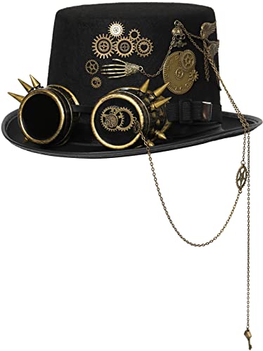 XWXLDD Unisex Gothic Steampunk Top Hats with Goggle Gear Halloween Hat Headwear Men Women (Black3 58-59cm)