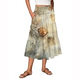 Damen Hoher Elastischer Taille Midirock Trendig Fließende Rüschen Röcke Blumendruck Strandrock Beige M