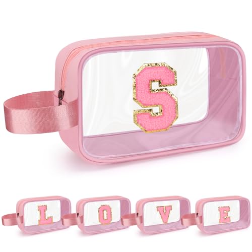 XANGNIER Clear Personalized Makeup Bag Initial Travel Toiletry Bag, 8.8''X2.7''X5.3''Size Pencil Pouch With Zipper and Handle Straps, Pink Gifts For Girlfriend Teacher Mom Brithday Mothers Day,S