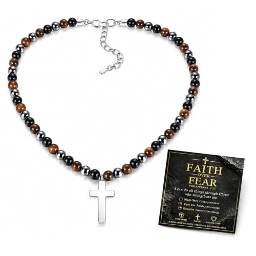Beaded Cross Necklace Gifts for Men - Triple Protection Black Onyx Obsidian Tiger Eye Natural Stone Necklace Stainless Steel Cross Pendant Stress Relief Balance Faith Jewelry Gifts for Husband Dad Son - image 1