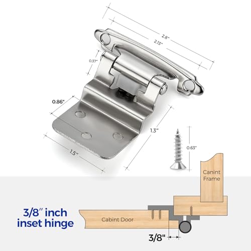 Image of Ravinte 20 Packs (10 Pairs) 3 /8 inch Inset Satin Nickel Cabinet Hinge,Self Closing Hinges for Kitchen /Bathroom /Furniture Cabinets & Doors,Decorative Cabinet Hardware Kitchen Cabinet Hinge with Door Bumper