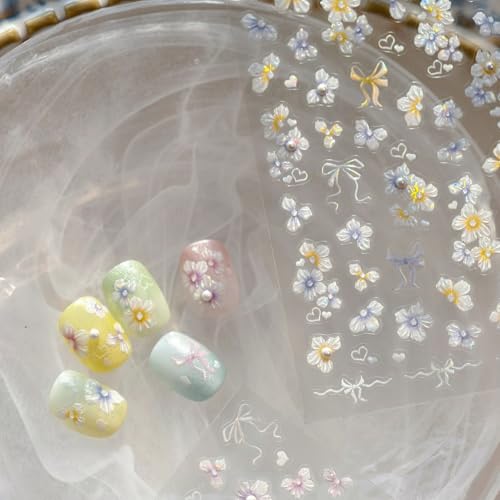 Image of Flower Nail Stickers Decals Holographic Floral Nail Decals 5D Embossed Self Adhesive with Pearl Design for Women DIY Manicure Charms Supply Decoration