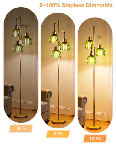 Image of Lightdot 65'' Green Glass Floor Lamp Dimmable Gold Floor Lamps with Lotus Glass Shade& 3000K Bulbs Included 3-Lights Modern Tall Standing Lamp with 5Lbs Heavy Base for Living Room /Bedroom /Sofa Beside