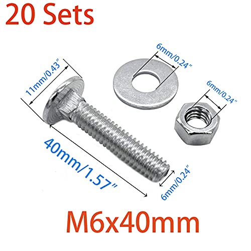 Image of 20 Sets Long Square-Neck Carriage Bolts Set,Carriage Bolts Set w /Nuts & Flat Washers,Zinc-Plated,Carbon Steel Grade 4.8,Plain Finish,Fully Threaded(M6-1.0X40mm)