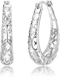 Finrezio 925 Sterling Silver Filigree Hoop Earrings for Women Hollow Out Texture Flower Teardrop Huggie Hoop Earring Hypoallergenic Oval Click Top Hoop Earring for Birthday Valentine's Day