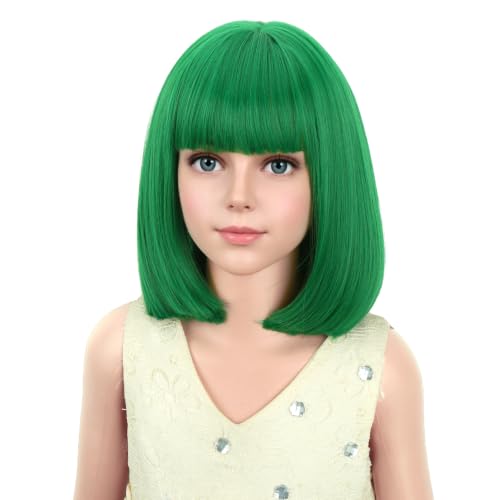 Image of PATTNIUM Kids Green Wig Child Green Bob Wig for Girls Colored Wigs Dark Green Bob Wig Cosplay Party Synthetic Wigs