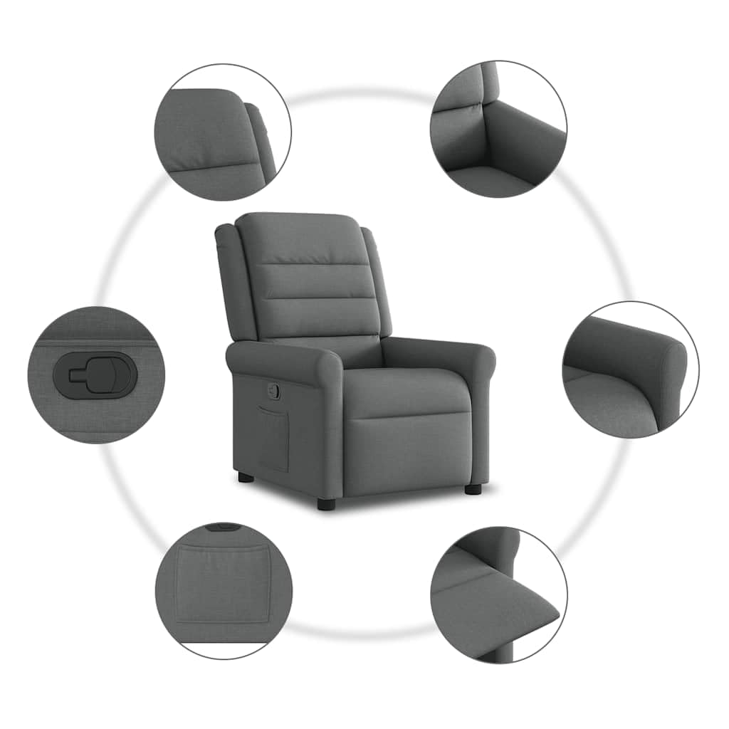 Fotel relaksacyjny, ciemnoszary, materiał regulowany, z podnóżkiem i oparciem, ergonomiczny, do salonu, sypialni, biura, z drewnianą metalową ramą, wygodny fotel do czytania i relaksu