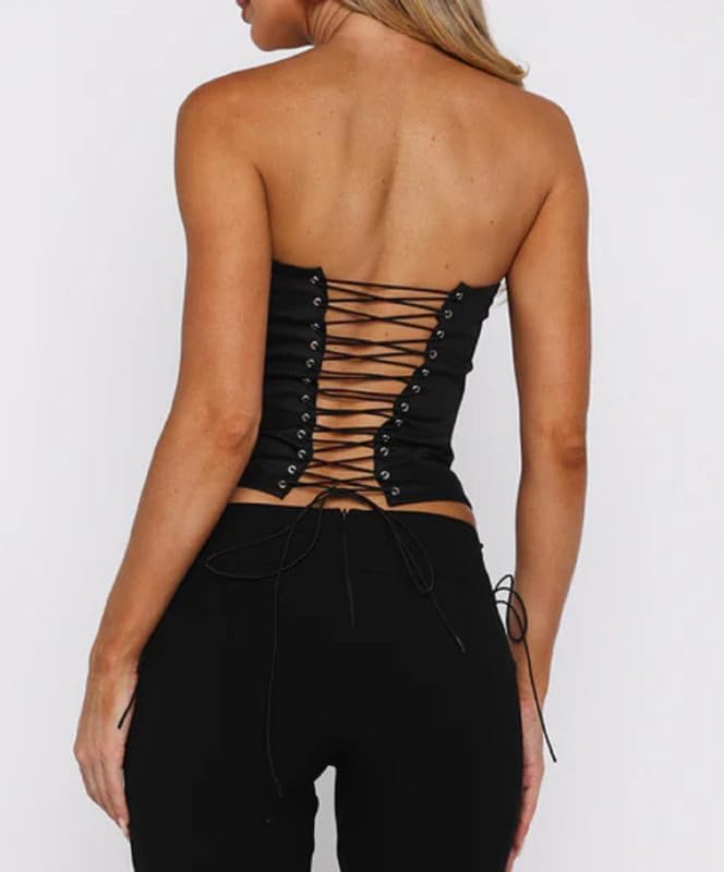 Women’s Strapless Croset Top Backless Lace Up Boned Bustier Crop Tops Sexy Going Out Bandeau Party Tops - Image 5