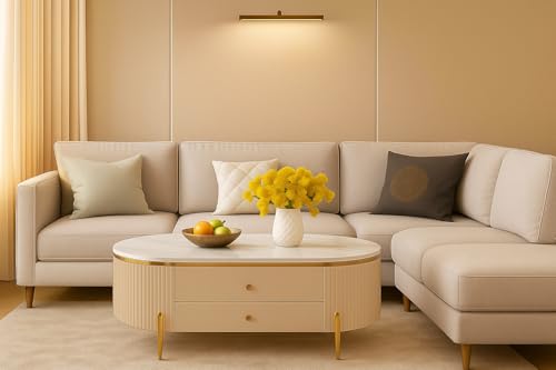 Image of WOODEN SPACE Premium Moderno Marble-Top Coffee Table with Storage Drawer & PVD Coated Iron Legs | Oval Wooden Center Table for Living Room & Entryway (Cream)