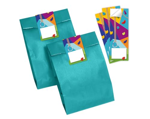 Minkocards 8 Geschenktüten (Petrol) + 8 Aufkleber Klettern Bouldern Geschenktüten für Mitgebsel Mädchen Jungen Gastgeschenk einpacken beim Kindergeburtstag Mädchengeburtstag Jungengeburtstag