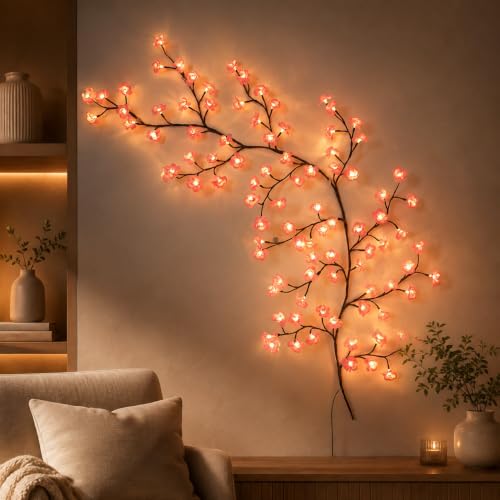 Image of One94Store Cherry Blossom LED Wall Vine Light - 72 LED Flexible Twig Branch Garland with Remote & 8 Modes, USB Powered Pink Floral Fairy Decor for Bedroom, Living Room & Christmas