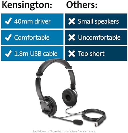 Kensington K97601WW USB HiFi Mikrofonlu Kulaklık, Yüksek Kaliteli Stereo Ses, Gürültü Azaltmalı Ayarlanabilir Mikrofon, İş veya Oyun için Profesyonel Konferanslar için, Siyah - Görsel 7