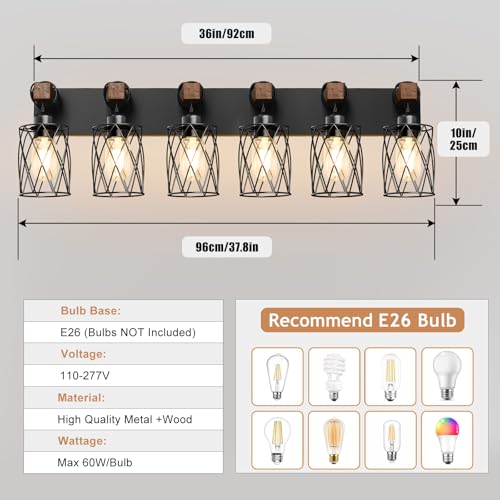 Image of IZORRO Farmhouse Bathroom Vanity Light, 6-Light Wood Bathroom Light Fixtures Over Mirror, Black Industrial Vanity Lights with Metal Shade, Rustic Restroom Lighting Fixtures