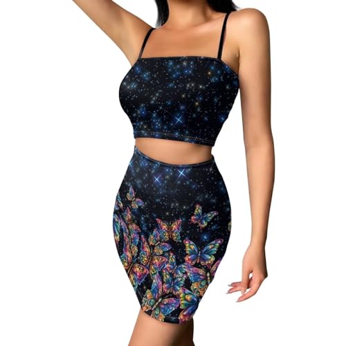 Image of Biyejit Women's 2 Piece Summer Outfits Spaghetti Strap Crop Tops and Bodycon Mini Skirt Dress Set Plus Size S-4XL