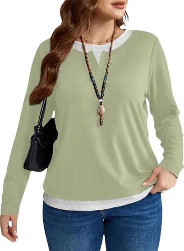 Image of Eytino Women Plus Size Fall Tops Patchwork Shirts(1X-5X) | Casual Crewneck Long Sleeve,Fashion Color Block Basic Tees,Loose Fit Blouse