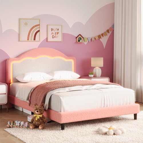 GarveeHome Full Size Bed Frame with LED Headboard for Kids, Sherpa Upholstered Platform Bed Frame with Wood Slat Support, No Box Spring Required, Easy