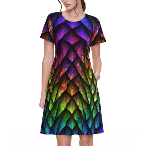 Robe d'été décontractée manches courtes femmes imprimé motif écailles de dragon fluide