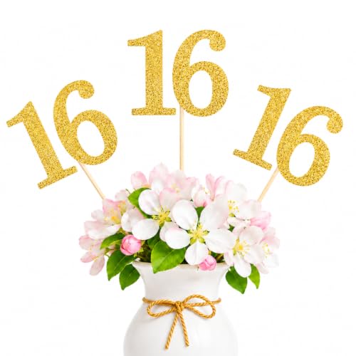 10 Pack Gold Glitter Sweet 16 Birthday Centerpiece Sticks, Pre-Assembled