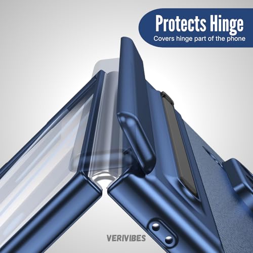Image of Ultra Hybrid Luxury Leather Compatible with Samsung Galaxy Z Fold 7 (2025) | Built-in S Pen Holder | 360 Hinge Protection | Slim Shockproof Back Cover with Tempered Glass - Blue