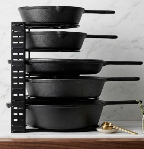 Image of Heavy Duty Pan and Pot Organizer, 5 Tier Rack - Holds Cast Iron Skillets, Griddles and Shallow Pots - Durable Steel Construction - No Assembly Required