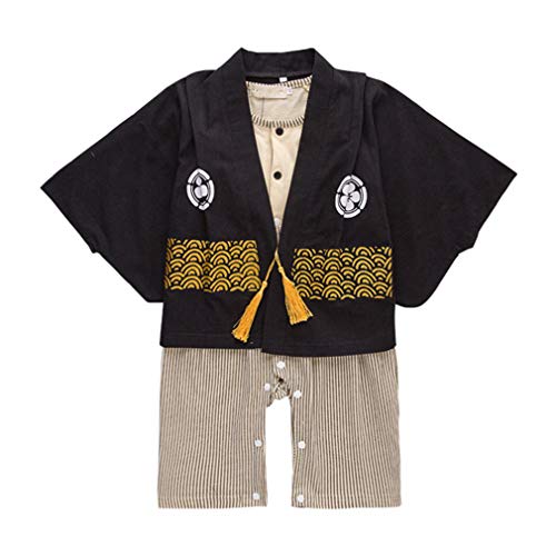 Bebé Kimono Mamelucos Algodón Mono - Niño de Manga Larga Bata Chicas Trajes de Estilo Japonés (Negro) Cover