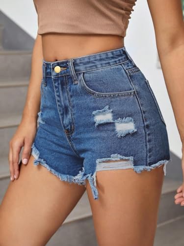 Image of Aahwan Blue Solid High Waist Ripped Raw Trim Denim Shorts Casual Summer Shorts for Women's & Girls
