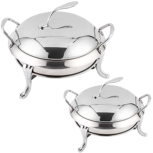 Chafing Dish 2er-Set, runder Buffet-Chafer aus Edelstahl für Catering, Party, Hochzeit, Abendessen, Servieren, Buffet-Wärmer in voller Größe mit Pfannen und Brennstoffhaltern (3 l),B