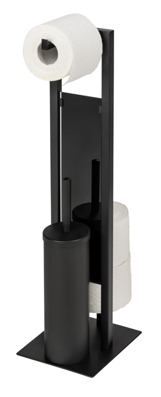 WENKO Stand WC-Garnitur Mod. Rivalta geschlossene Toilettenbürstenhalter Kombination aus matt lackiertem Stahl und Sicherheitsglas mit Toilettenpapier- und Ersatzrollenhalter Schwarz 18 x 70 x 23 cm