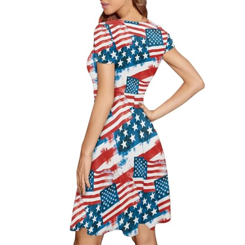 Image of HUGS IDEA Womens Puffy Swing Midi Dress Round Neck Short Sleeve Party A-Line Dresses