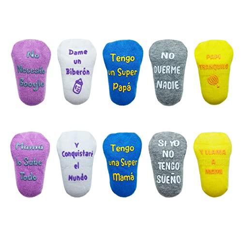 Cincobebé Conjunto de meias antiderrapantes para bebé/recém-nascido, com frases engraçadas em espanhol bonitas, adequado para todas as estações, 4 pares, 0-6 meses / 6-24 meses, unissexo, caixa