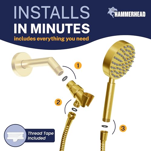 Image of HammerHead Showers Solid Metal Handheld Shower Head with Hose and Brass Holder - CHROME - 2.5 GPM High Pressure Shower Heads with Adjustable Shower Wand Bracket (Brushed Gold, 2.5 GPM)