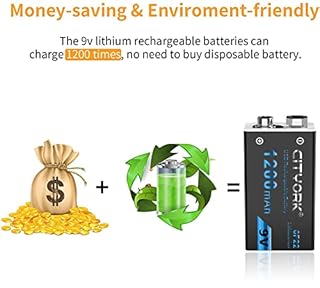 CITYORK Batteria ricaricabile da 9 V, 1200 mAh, ad alta capacità, 6F22, batterie agli ioni di litio con cavo USB, bassa autoscarica (confezione da 2)
