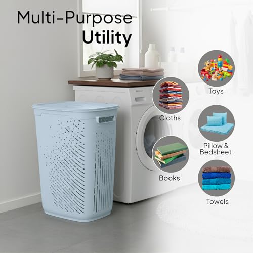 Image of Nayasa Plastic Laundry Basket with Lid - 50 Ltrs | Ventilated Clothes Hamper with Easy-Grip Handles | Clothes & Toy Storage Organizer |(Kitty) Grey