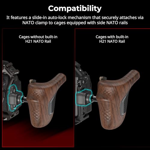 Image of SMALLRIG Rotating Right-Side Wooden Handle with NATO Clamp & NATO Rail, Load Capacity up to 15kg, One-Touch Rotation, 360 Angle Adjustment, Anti-Slip Design