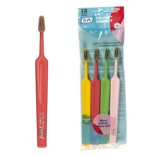 Cepillo de dientes TePe Colour Compact, Extra Suave, 4 ud., cepillo de dientes para niños mayores y adultos con cabezal pequeño, garantiza una limpieza respetuosa con filamentos extra suaves