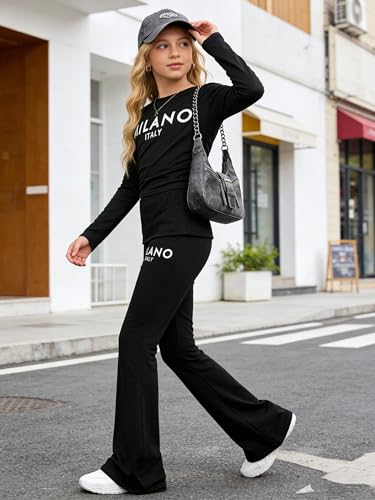 Image of OLMRJKD Girls 2 Piece Outfits Long Sleeve Letter Printed Sweatshirt & Flared Pants Fall Clothing Set Size 7-14 Years (9-10Y)