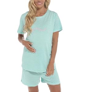 A2Z Dames Maternité Shorts Ensemble Pyjama Besoin de Plus de Sommeil Rayé 100% Coton - PJS 223 Mint 12-14