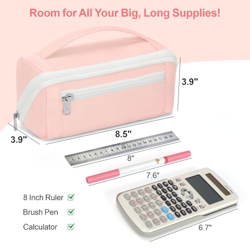 Image of Large Capacity Pencil Case - Pencil Pouch for Teen Girls, Aesthetic Pouch Organizer with 8 Compartments, Wide Opening Marker Bag for Middle High School College, Fits Calculator, Pink