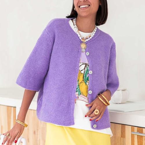 Image of Womens Button Up Short Sleeve Cardigans Sweater Cropped Lightweight Round Neck Elegant Knit Tops with Pockets