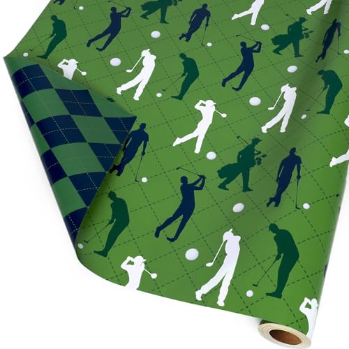 LaRibbons Golf Wrapping Paper Mini Roll Reversible Green Golf and Plaid Design Perfect for Men Sports Party Birthday Fathers Day Team Celebration 17 x 33 (46.7 sq. ft)