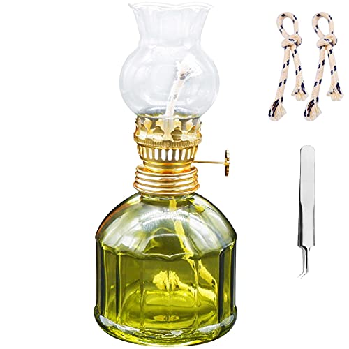 rnuie Kerosene Oil Lamp for Indoor Use,1 Glass Kerosene Lamp,2 Wicks and 1 Tweezers,Classic Retro Hurricane Lantern Decoration Outdoor Camping (Green)