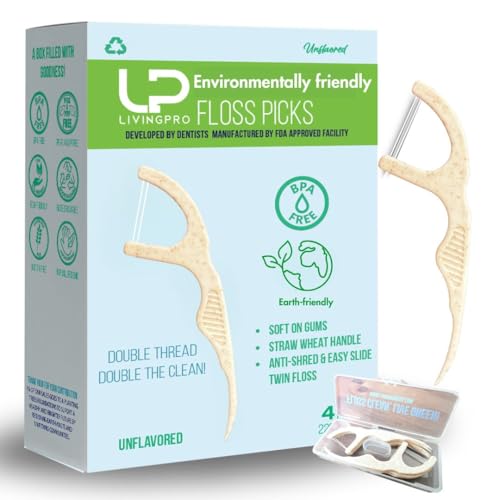 Image of Twin Line Dental Floss Picks (220 Count) - Double Thread Tooth Flossers for 2X Cleaning, Thin & Shred-Resistant Floss, Wheat-Straw Handle | Travel Case Included Holds up to 10 Picks