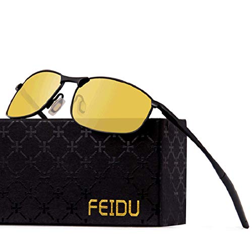 FEIDU Sport Mens Sunglasses HD Lens Metal Frame Driving Shades Night Vision FD 9005 (Yellow/Black, 2.24)