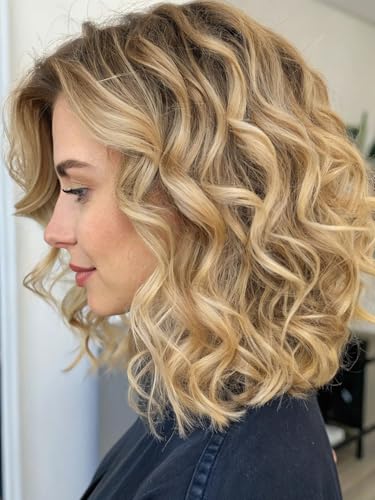 Webshaiy Pre Cut Lace Ombre Honey Blonde Perruque Femme Naturelle Perruque Bob Ondulée avec Frange, Perruques Bob Courte Bouclées Couches avec Cuir Chevelu...