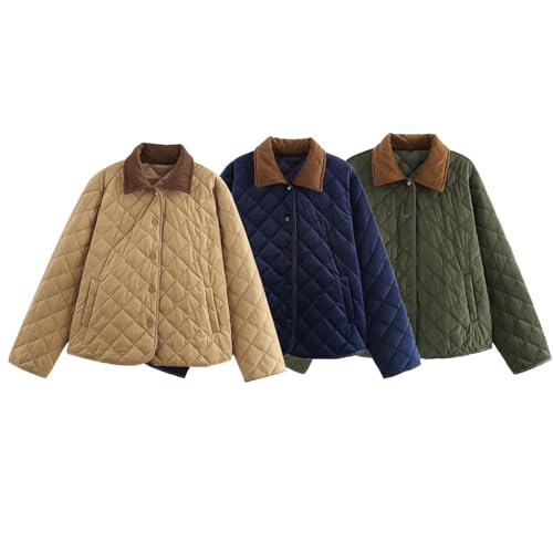 HOULENGS Women's Winter Quilted Jackets Long Sleeve Button Down Diamond Puffer Jacket Outerwear Coats with Pockets3