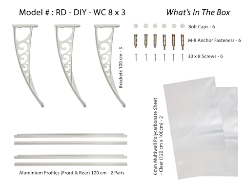 Image of CHENNAI Window Blinds and Shades DIY Polycarbonate Awning (Engineered Plastic Brackets) Window Sunshade Door Weather Shed Rain Canopy Awnings - 8'Widthx3'Depth (White Brackets & Clear Sheets)