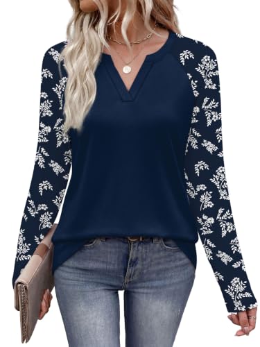 Image of WIHOLL Long Sleeve Tops Women V Neck T Shirts Ladies Color Block Sweatshirts Womens Tops Dressy Tunic Size 14-16 Navy